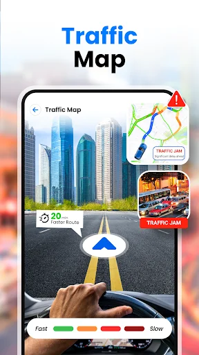 Traffic Map: Real-time traffic conditions display with color-coded speed indicators and hand on steering wheel navigation