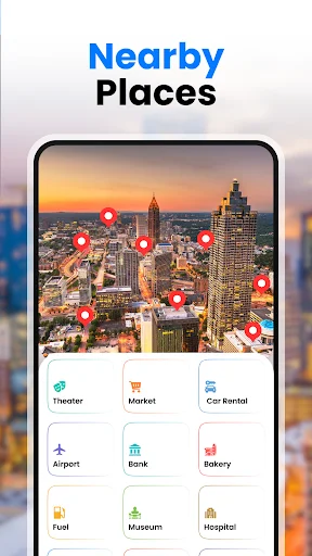 Nearby Places: Sunset cityscape map with nearby place category icons including theater, market, airport, and bank locations
