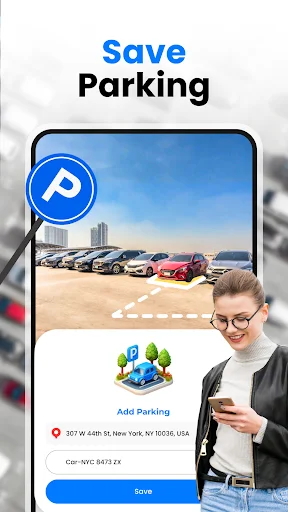 Save Parking: Parking lot location display showing vehicle address at 307 W 46th St and saved car number with save button