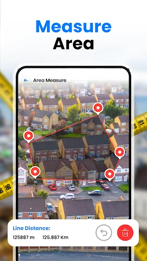 Measure Area: Aerial neighborhood view with connected location pins showing distance measurement of 29.87 kilometers