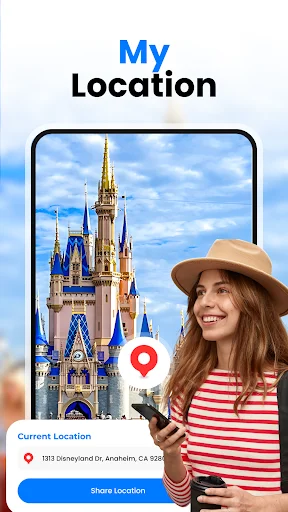 My Location: Disneyland castle location at 1313 Disneyland Drive Anaheim CA displayed with share location button