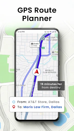 Route planner app displaying turn-by-turn navigation from starting point to destination with estimated travel time