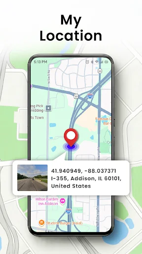 GPS navigation showing current location coordinates and address information on interactive map display