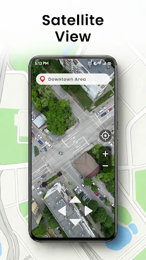 Satellite imagery view of city area with zoomable map controls for aerial perspective navigation