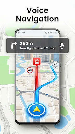 Voice-guided driving directions with real-time turn instructions and traffic avoidance recommendations on map