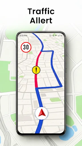 Traffic monitoring feature showing congestion zones and speed limits on active route with alert indicators