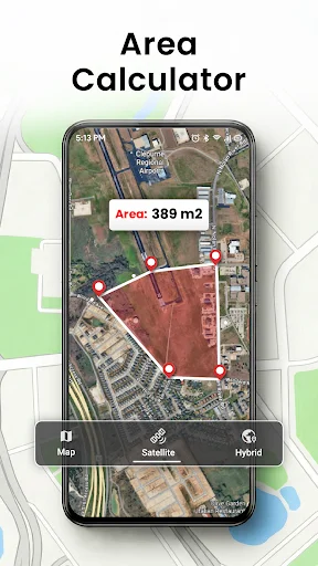 Area measurement calculator tool displaying land area in square meters using satellite map overlay