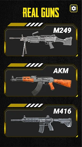 Real Guns category with M249, AKM, and M416 assault rifles and machine guns displayed