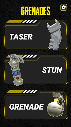 Grenades category with Taser, Stun, and Hand Grenade weapon options available