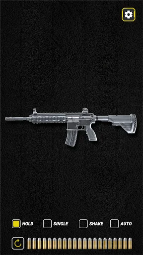 Gun firing interface showing rifle with HOLD, SINGLE, SHAKE, AUTO fire mode controls and ammo