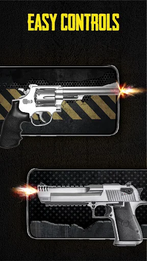 Easy Controls feature demonstrating revolver and pistol firing with muzzle flash animation effects
