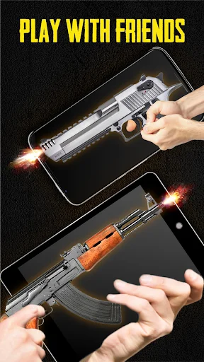 Play with Friends multiplayer mode showing gun sounds on connected mobile devices held together