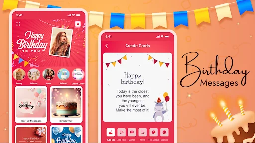 Happy Birthday Card Wishes app home screen showing personalized birthday cards with photos and greeting card templates
