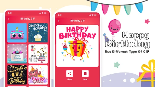 Birthday GIF collection screen displaying animated happy birthday GIFs and cute birthday celebration animations