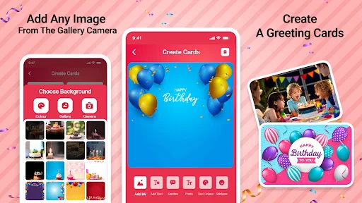Create greeting cards feature with background selection, photo upload options, and birthday card customization tools