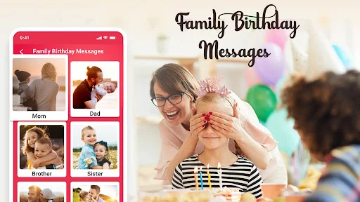 Family birthday wishes screen with relationship categories and personalized birthday message templates for loved ones