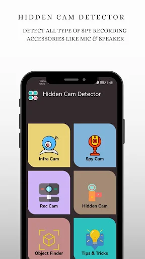 Hidden Camera Detector app main menu showing six detection tools: Infra Cam, Spy Cam, Rec Cam, Hidden Cam, Object Finder, Tips