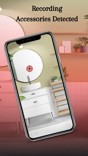 Recording accessories detection feature showing smartphone camera view scanning bathroom for hidden recording devices