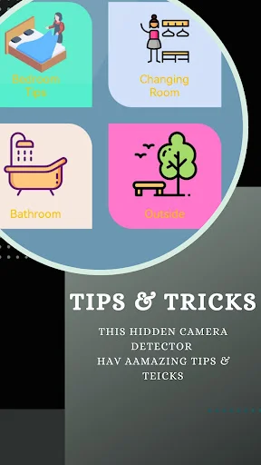 Tips and tricks section showing colorful icons for bedroom, changing room, bathroom, and nature detection scenarios