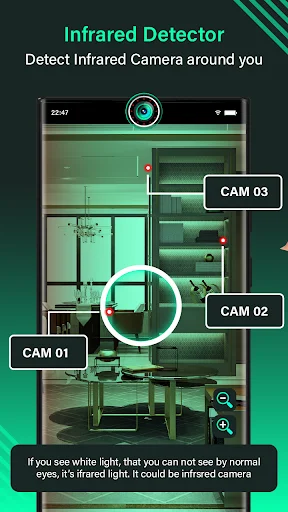 Infrared detector thermal imaging view showing three hidden cameras detected and labeled CAM 01, CAM 02, CAM 03