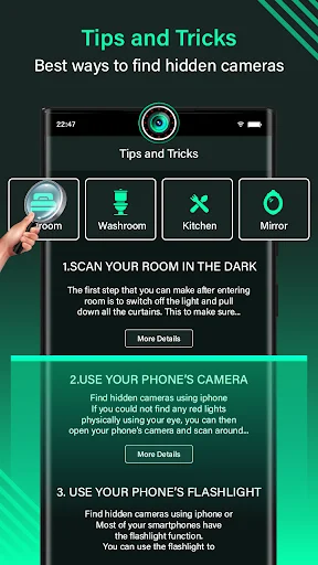 Tips and tricks guide with room categories and step-by-step hidden camera detection methods for security scanning