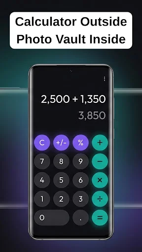 Calculator Vault app displaying standard calculator interface as disguise, with number keypad and operation buttons, showing hidden photo storage inside