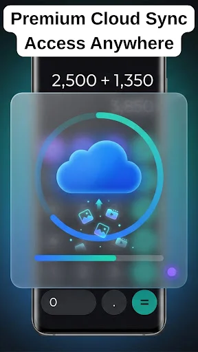 Premium cloud sync feature with upload icon and progress bar, enabling backup and access photos anywhere functionality