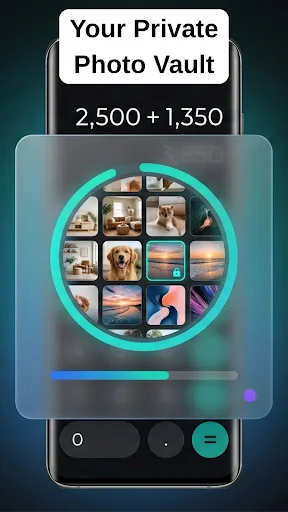 Private photo vault gallery displaying grid of hidden photos in circular secure storage interface with progress indicator