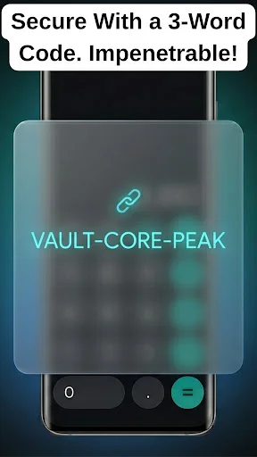 Security passcode lock screen showing glowing 3-word code VAULT-CORE-PEAK with chain icon for vault protection