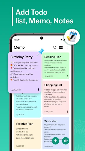 Todo list, memo, and notes interface with Birthday Party, Reading Plan, Shopping List, and Work Plan task categories