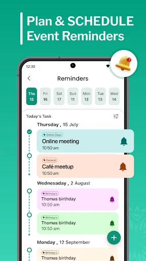 Event reminders and scheduling interface showing upcoming meetings, meetups, and birthday events with times and categories