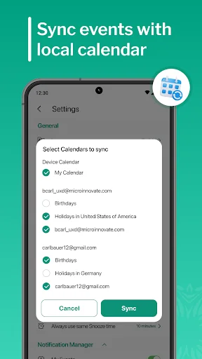 Settings interface for syncing calendars with device including birthdays, holidays, and local calendar synchronization