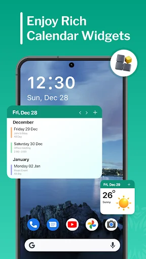 Calendar home screen widgets displaying time, upcoming events list, and weather information for daily planning