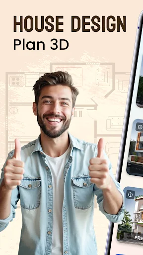 House Design Plan 3D App welcome screen with smiling man giving thumbs up, featuring home floor plan blueprint background