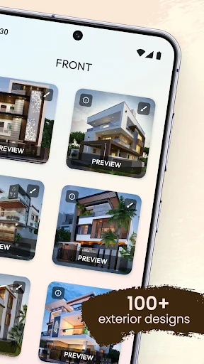 Mobile app gallery showing 100+ exterior house designs with modern home previews and architectural 3D renderings