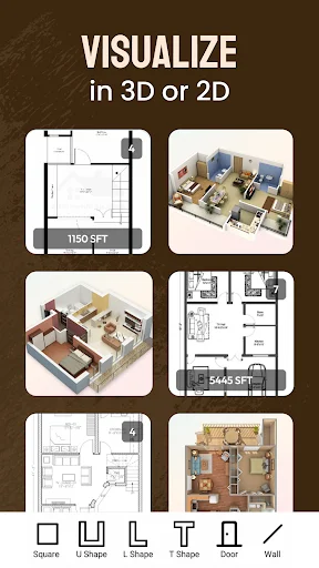 Visualize home plans in 3D and 2D view modes showing floor layouts, room designs, and architectural blueprints