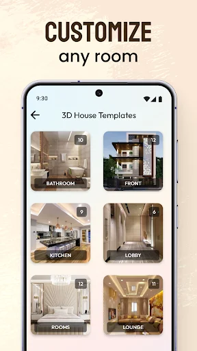 Customize any room interface displaying bathroom, kitchen, lobby templates with 3D house design options
