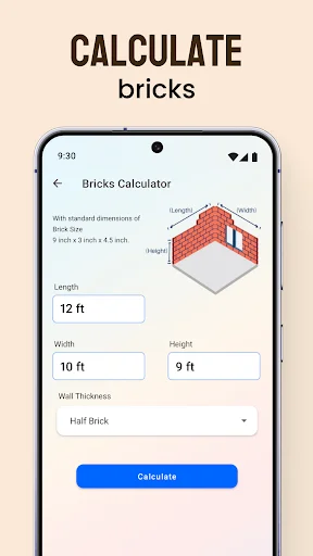 Brick calculator tool for construction planning with 3D wall visualization and measurement input fields
