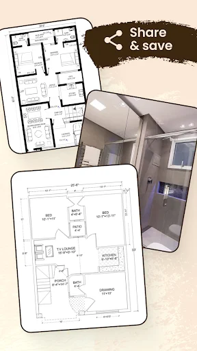 Share and save house plans feature showing floor plan blueprints and 3D room interior design layouts