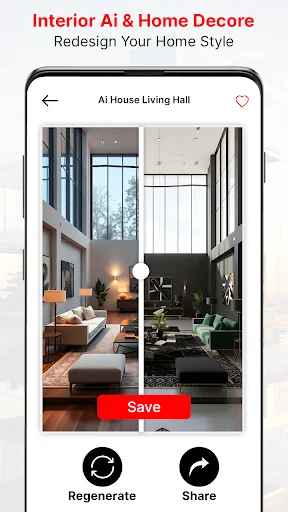 AI-powered living hall design comparison with regenerate and share features for home decor