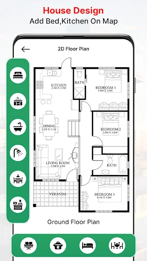 2D floor plan layout with furniture icons and room planning tools for house design