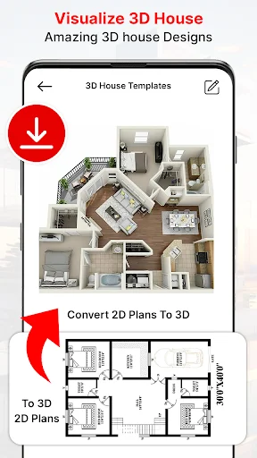 3D house visualization templates showing isometric view with 2D floor plan conversion feature
