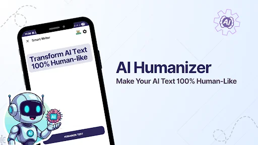 Transform AI Text 100% human-like mobile screen showing text input field, robot mascot illustration, and prominent Humanize Text action button