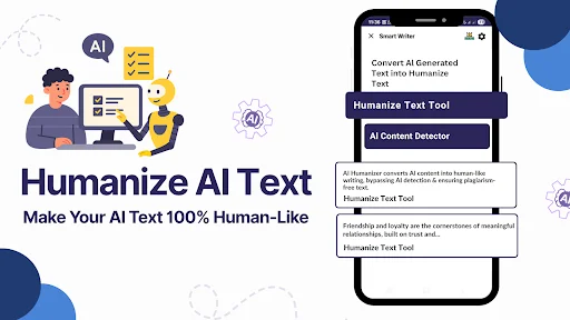 Humanize AI Text mobile interface displaying Humanize Text Tool and AI Content Detector options with person working on content illustration