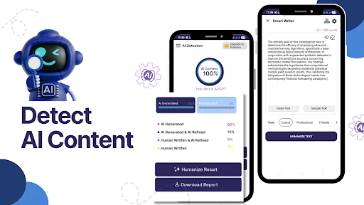 AI content detection results screen showing 100% detection circle graph, percentage breakdown of AI detection rates, Humanize Result and Download Report buttons