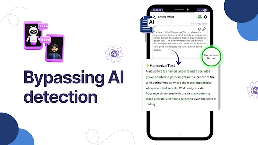 Bypassing AI detection feature highlighted on mobile screen with text humanization capabilities and purple AI character illustrations displayed