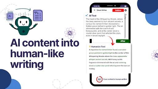 Before and After text comparison on mobile interface showing AI content transformed to human-like writing with humanification confirmation badge