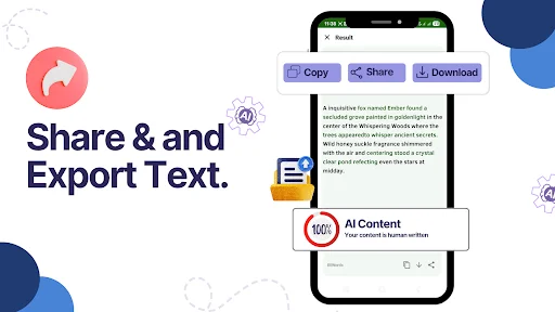 Share and Export Text screen displaying Copy, Share, and Download buttons with results showing AI Content marked as humanified content label