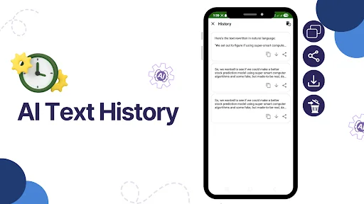 AI Text History feature showing scrollable list of previously processed and humanized texts with action icons for management and reuse