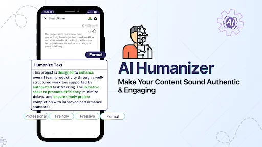 AI Humanizer content style selection interface with formatting buttons, brain icon, and messaging highlighting authentic and engaging writing features